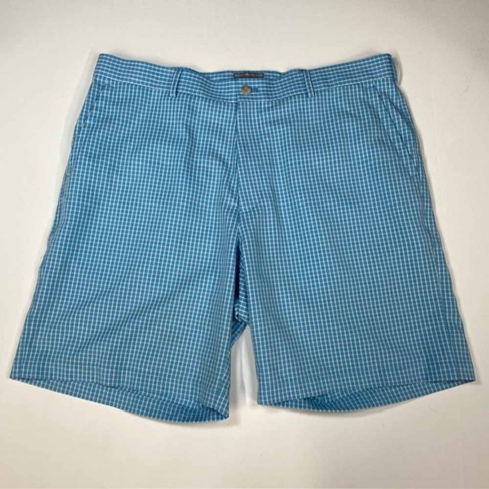 Peter Millar Wicking Golf Shorts Size 38 Blue White Plaid Checkered